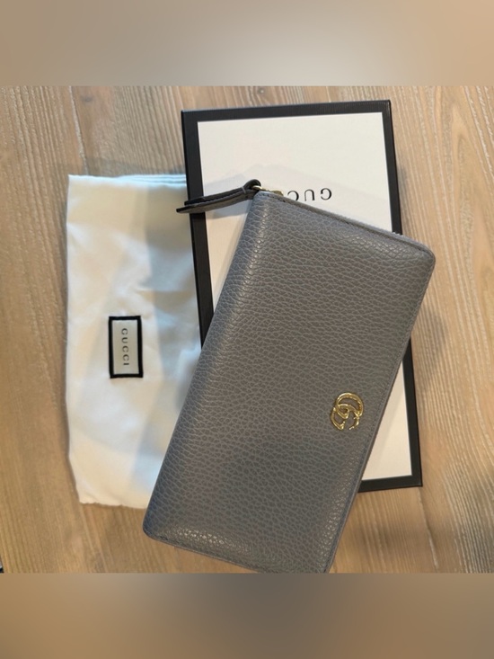 Gucci Accessories - Gucci GG Marmont Zip Around Wallet Pebbled Leather Gray Gold Continental